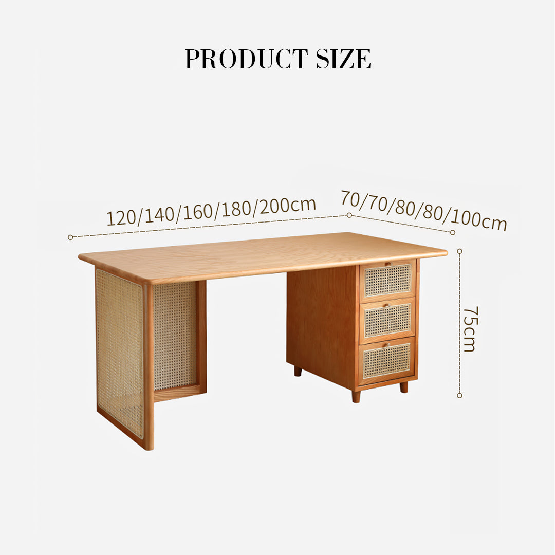 Anya Office Desk With Storage & Office Chair, Ash Wood & Rattan