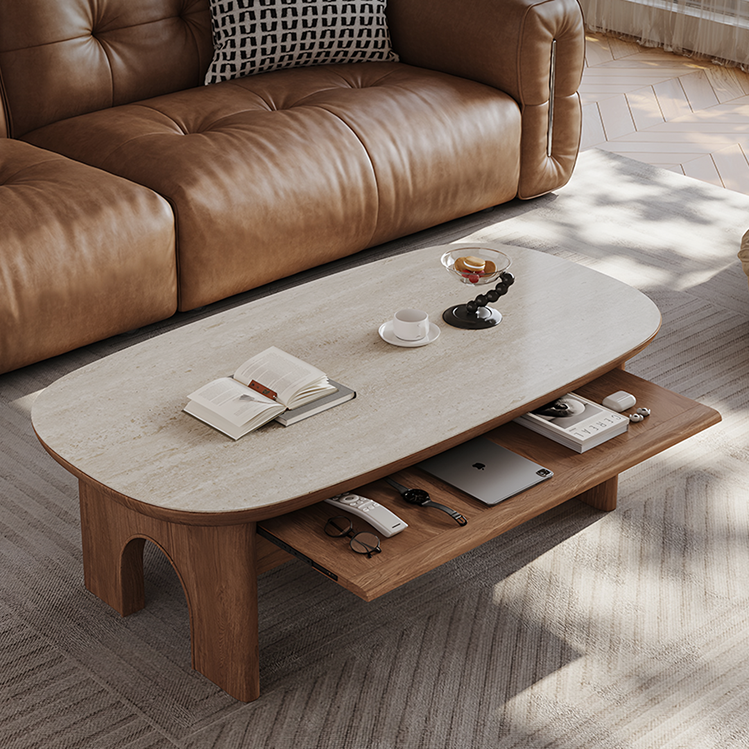 Saito Coffee Table With Storage, Wood, Oval