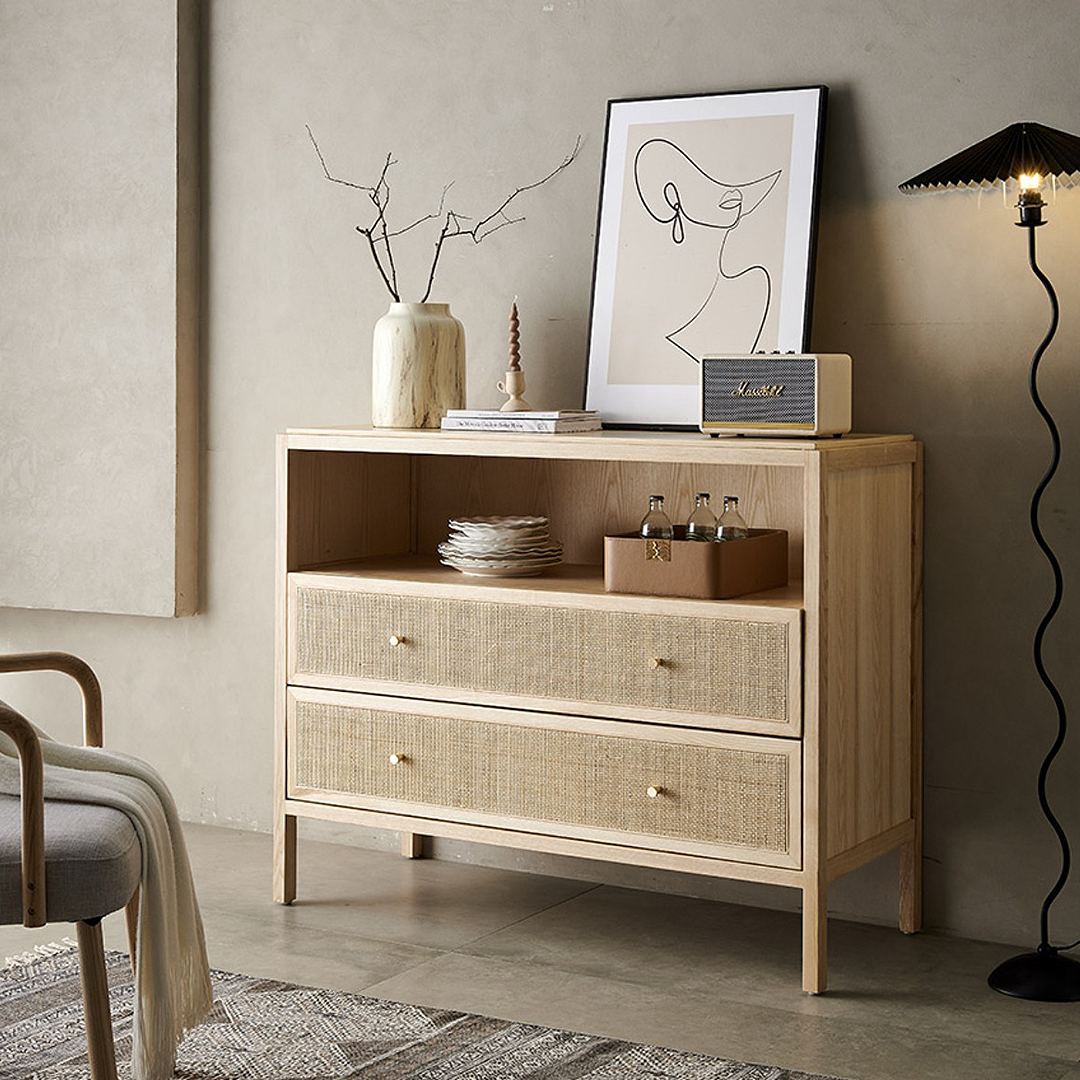 San Vintage Sideboard, Rattan & Solid Wood, Oak-Weilai Concept