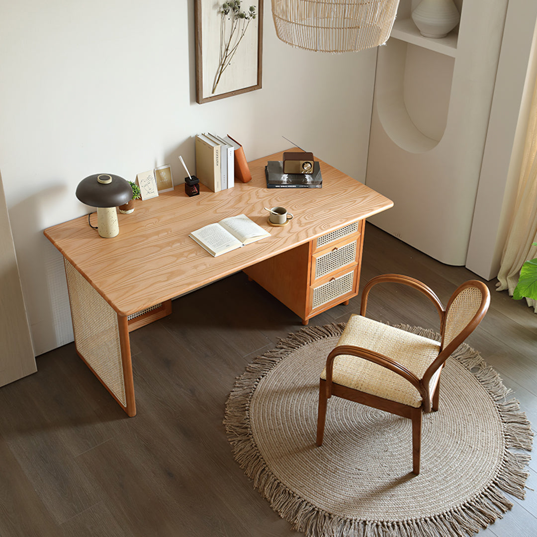 Anya Office Desk With Storage & Office Chair, Ash Wood & Rattan