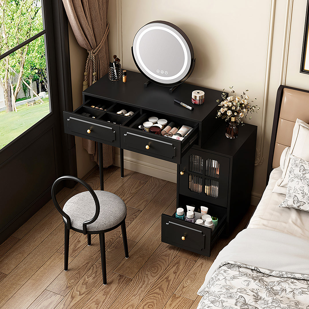 Scarlett Dressing Table With Side Cabinet & LED Mirror, Black