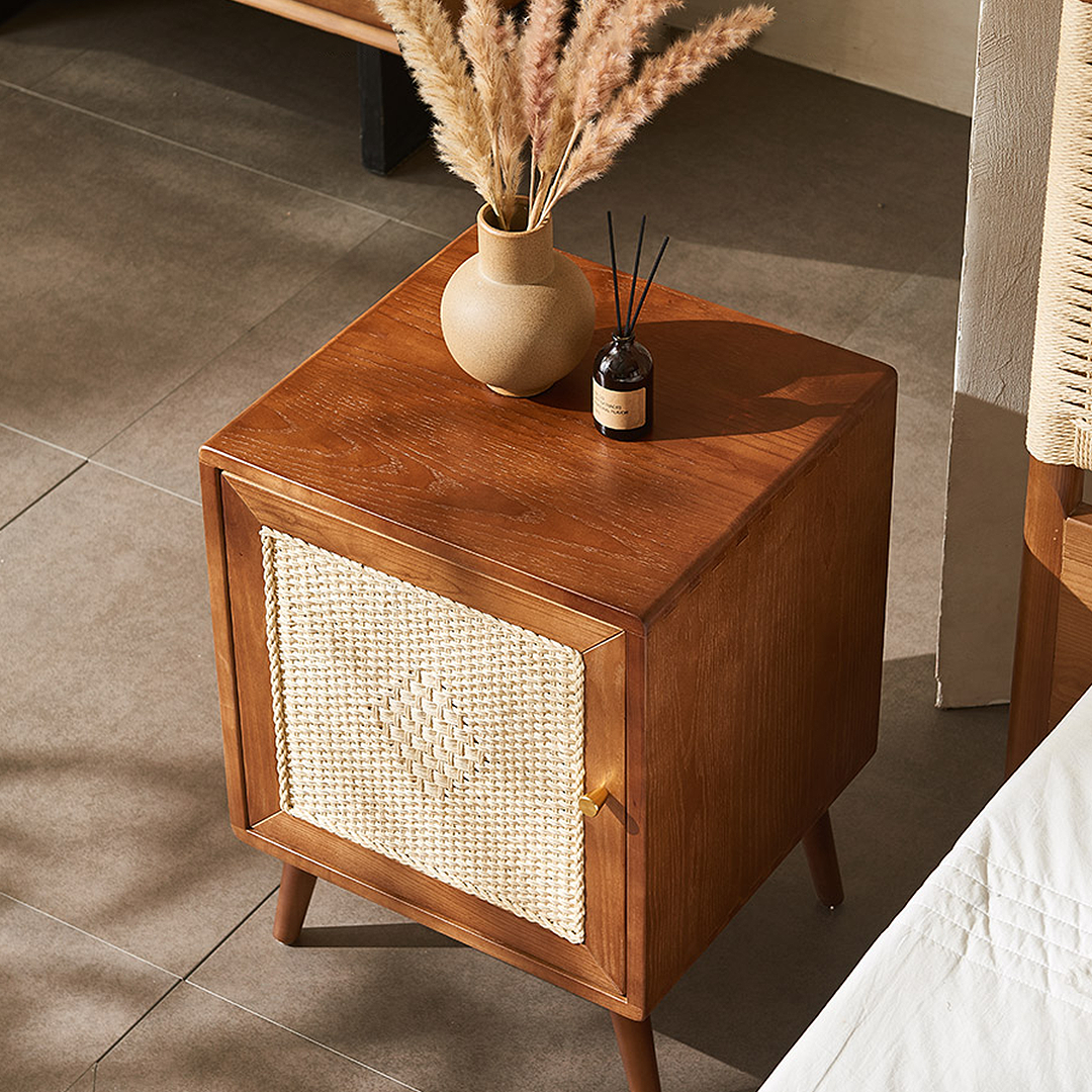 Himba Rattan Bedside Table, Solid Wood