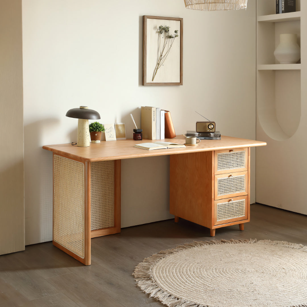 Anya Office Desk With Storage & Office Chair, Ash Wood & Rattan