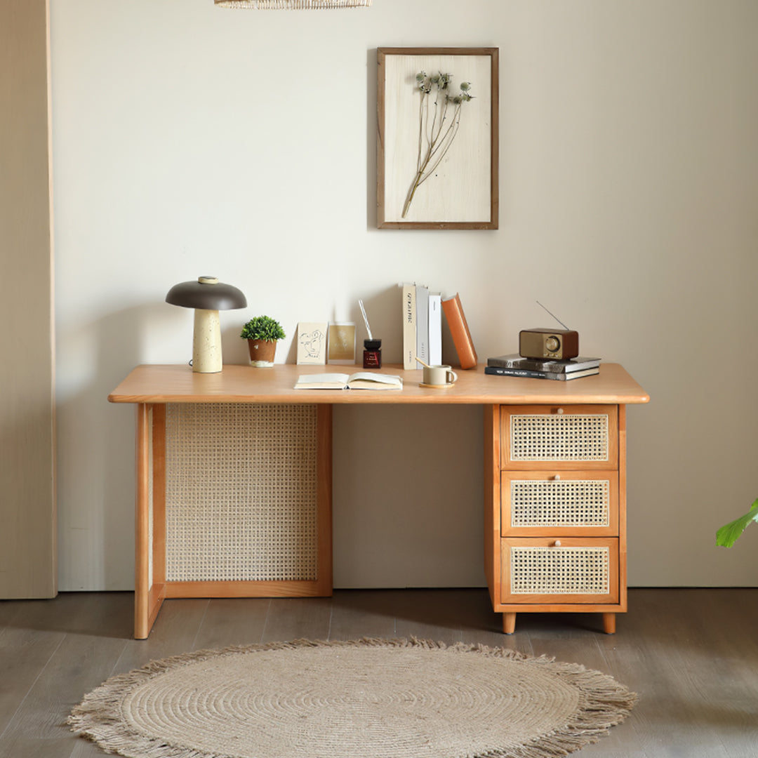 Anya Office Desk With Storage & Office Chair, Ash Wood & Rattan