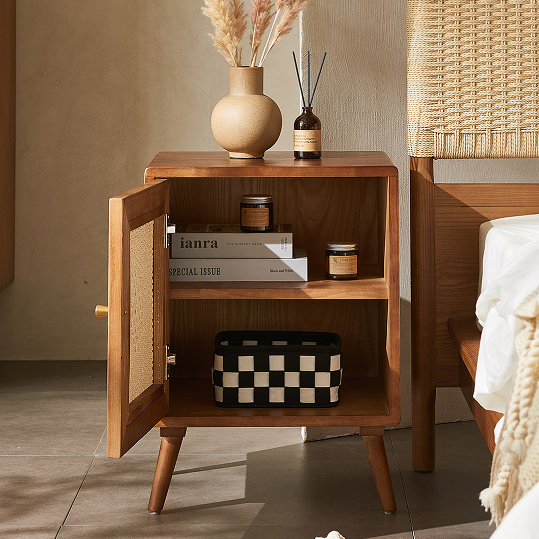 Himba Rattan Bedside Table, Solid Wood