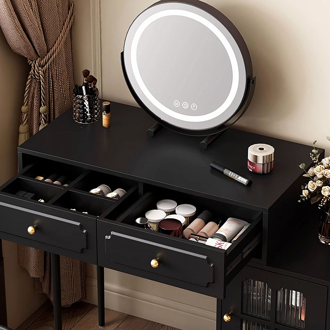 Scarlett Dressing Table With Side Cabinet & LED Mirror, Black