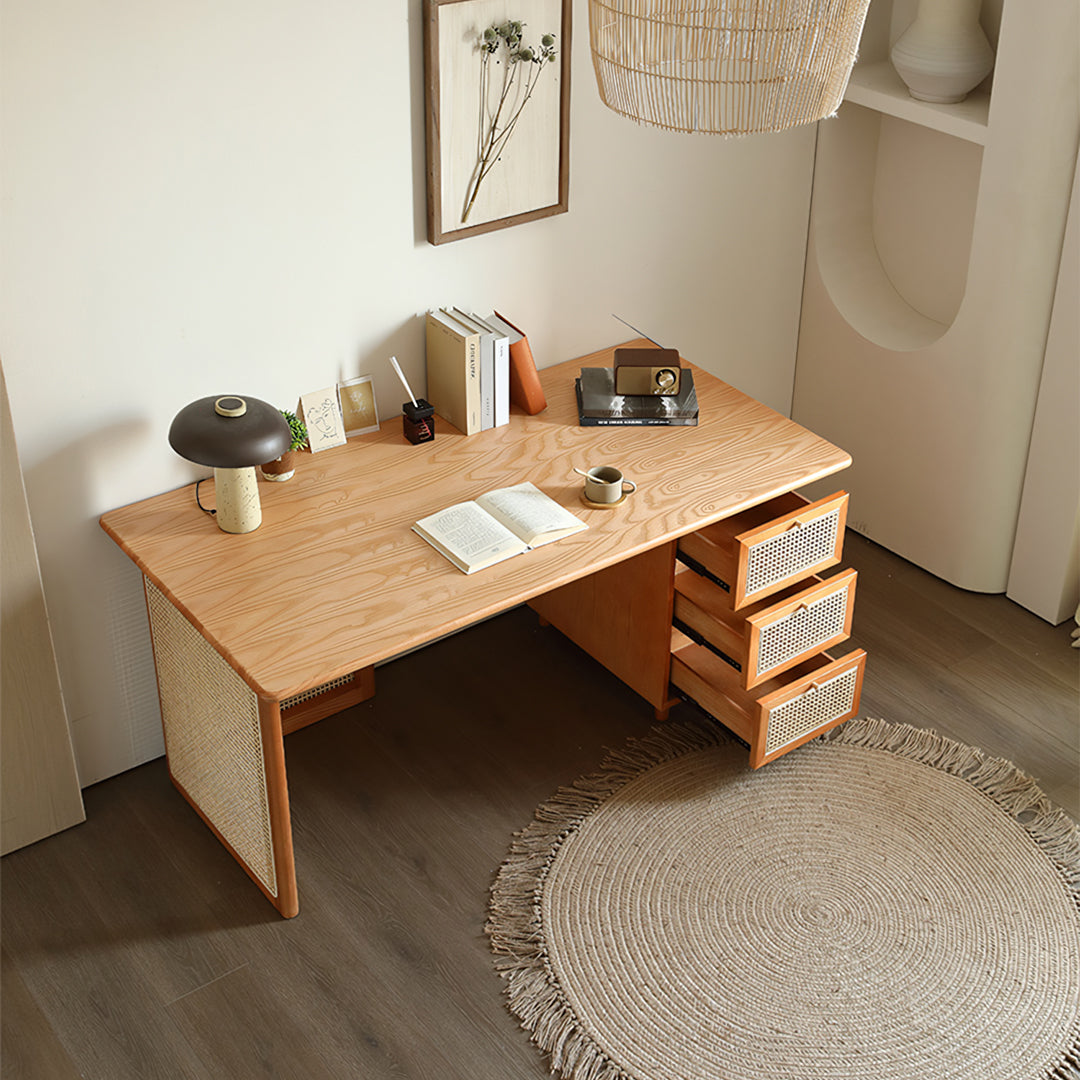 Anya Office Desk With Storage & Office Chair, Ash Wood & Rattan