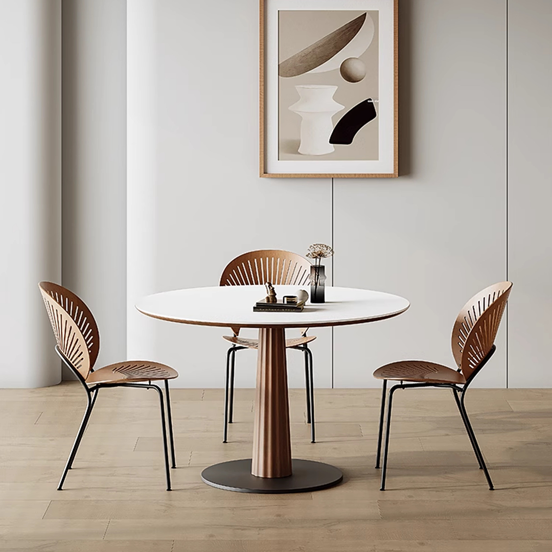 Anderson, petite table de salle à manger ronde, pierre frittée et bois massif 