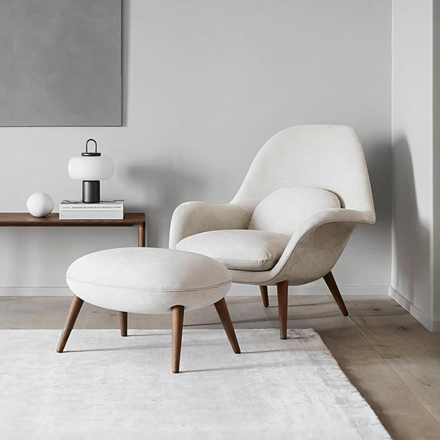 Fredericia Swoon Armchair And Footstool, Velvet-Weilai Concept-White ( With Walnut Legs )-Weilai Concept