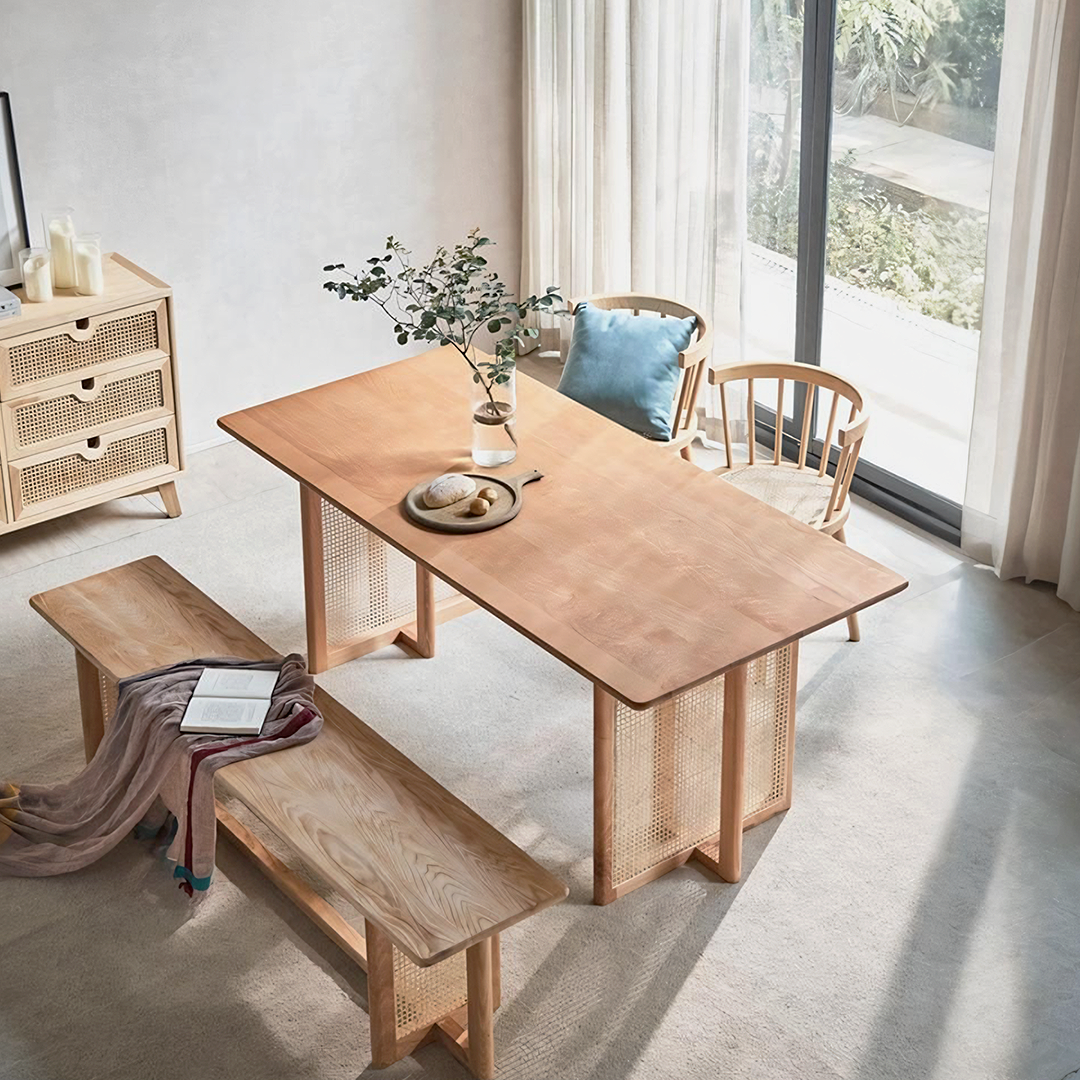 Table de salle à manger en rotin Gavril, chêne, rectangulaire 