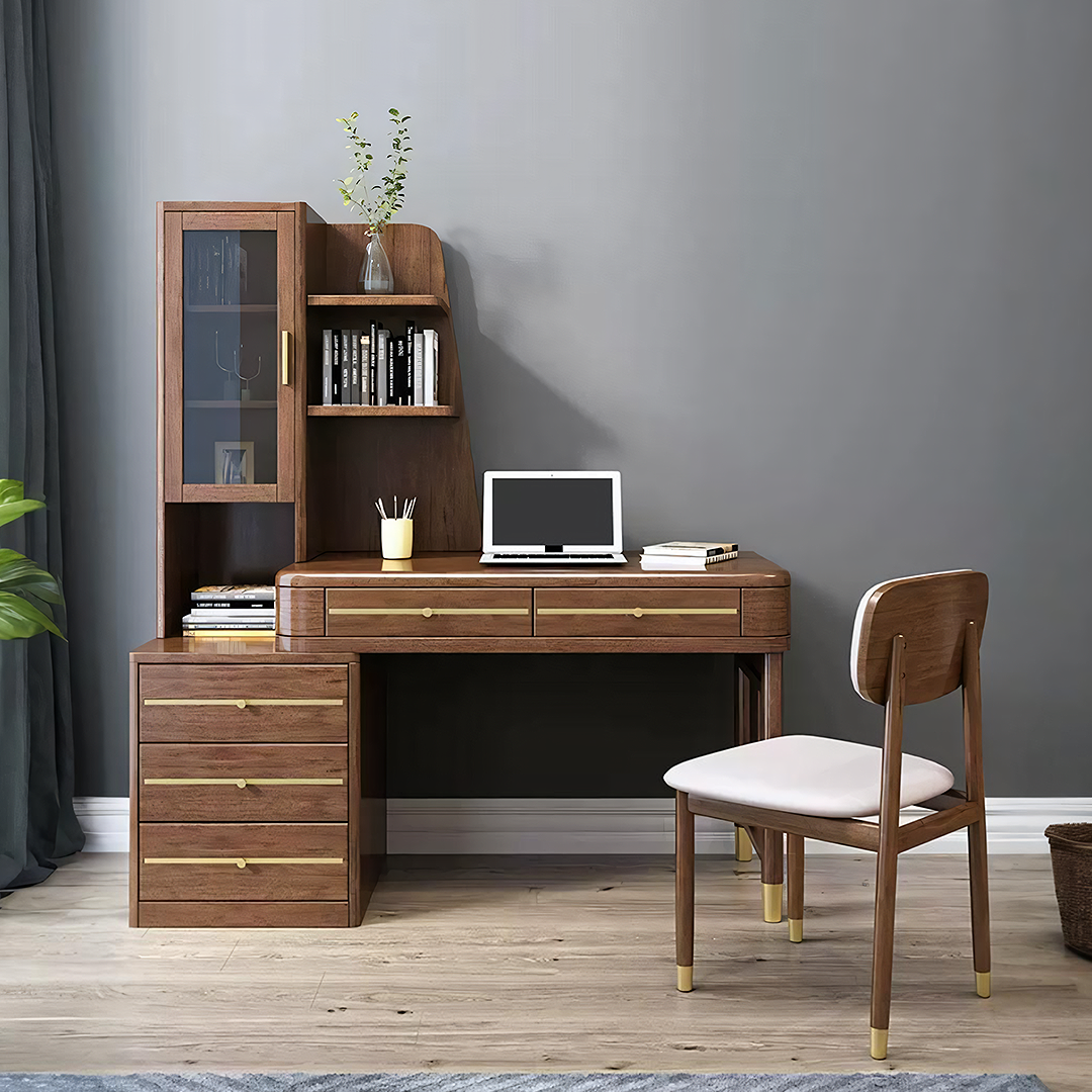 SK21 Office Desk With Side Storage, Rosewood & Gold-Weilai Concept-Weilai Concept