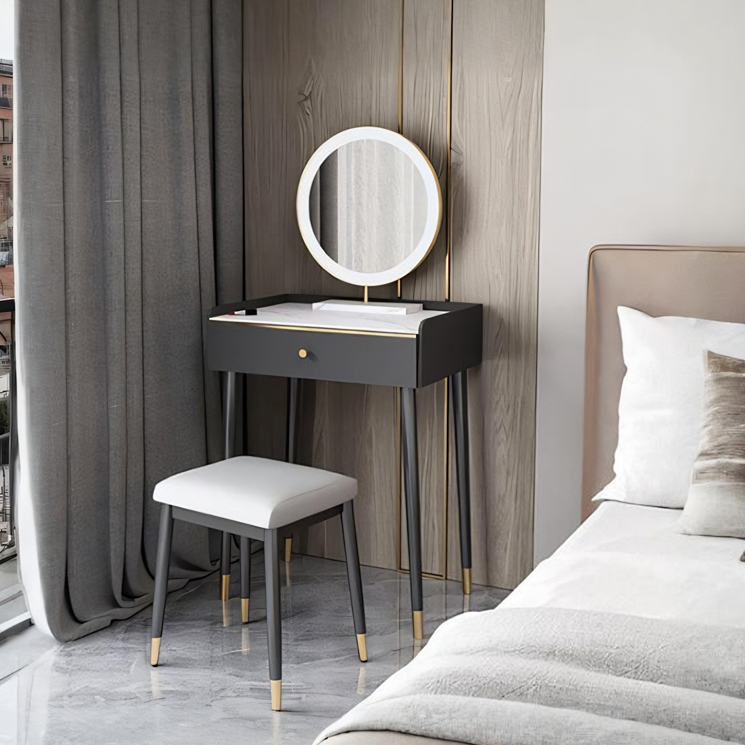 Coiffeuse Tulipe avec miroir LED, avec tabouret 